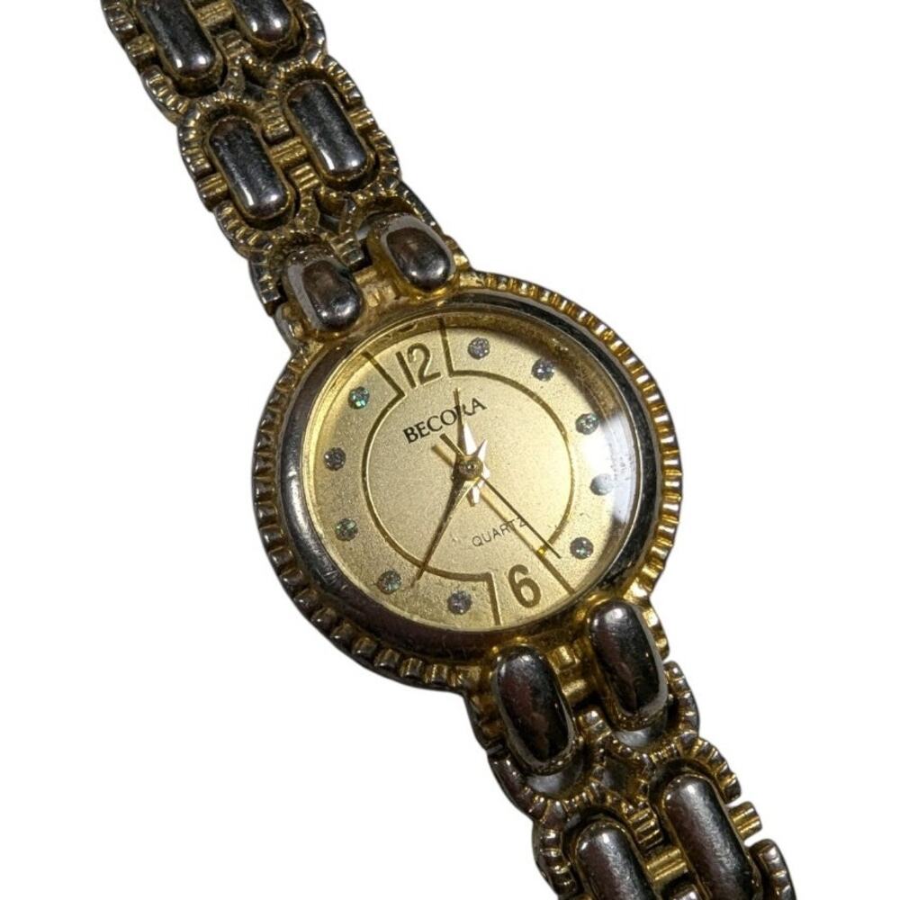 Vtg 1990s Becora Two Tone Gold Silver Bracelet Link Rhinestone Dial Dress Watch - Picture 2 of 3